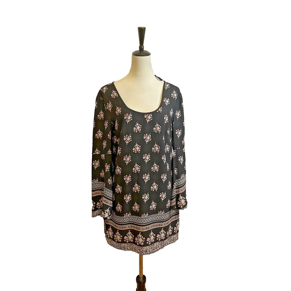 Exhilaration Women’s Dress XS  70s Floral Boho Bell Sleeve Black Dress Tie Back